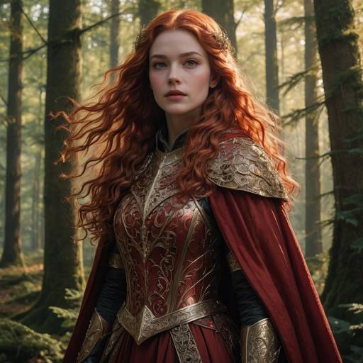 Red-haired woman warrior in ornate armor in forest