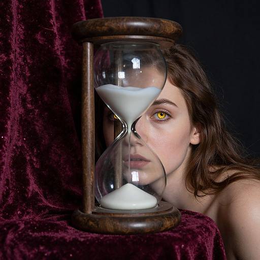 Photograph of a fair-skinned woman with yellow eyes, partially obscured by a wooden hourglass, against a dark, velvet backdrop.