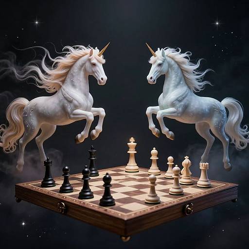 Photorealistic digital artwork of two white unicorns with flowing manes rearing above a chessboard, surrounded by mist and stars. Black and white