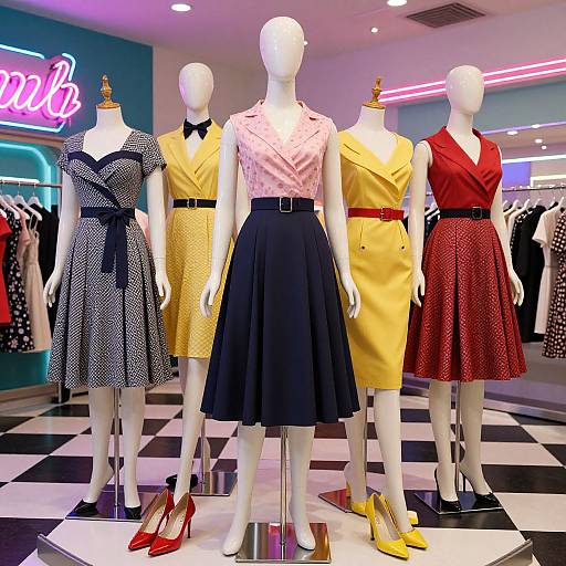 Photograph of five mannequins in a store display, wearing vintage-style dresses in black, yellow, red, navy, and pink, with