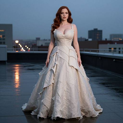 Photograph of a red-haired woman with fair skin wearing a white, layered, strapless wedding gown on a rooftop at dusk. City lights and buildings
