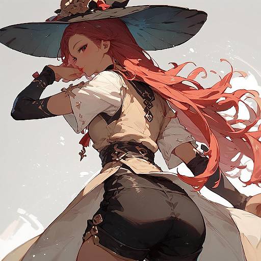 Digital anime-style drawing of a red-haired witch with flowing hair, large blue hat, white top, black shorts, and gloves, looking back provocatively