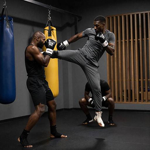 Mid-Air Boxing Kick in Dim Gym