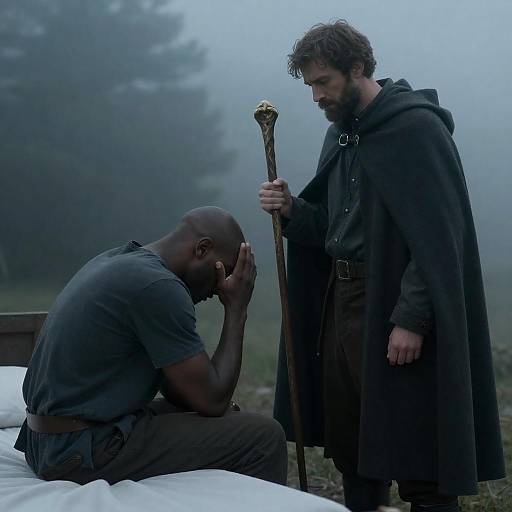 Misty Blue-Gray Encounter of Two Men