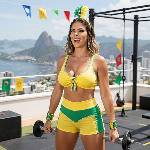 Photograph of a fit, smiling woman with tan skin, wearing yellow and green Brazilian fitness outfit, dumbbells, and a headband, standing