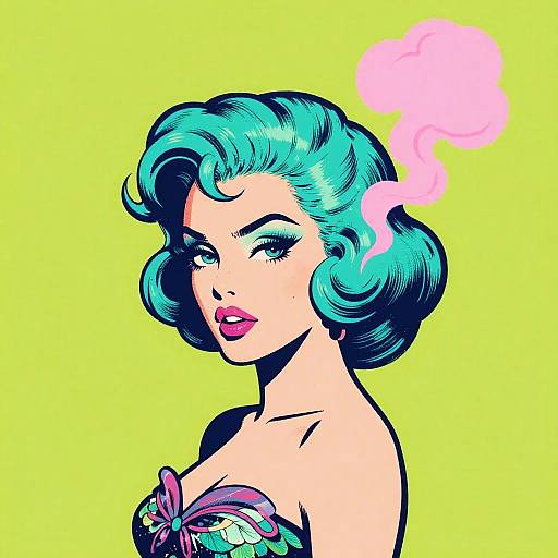 Digital pop art of a woman with teal, wavy hair, pink lipstick, and strapless floral top, smoking pink smoke against a bright yellow background