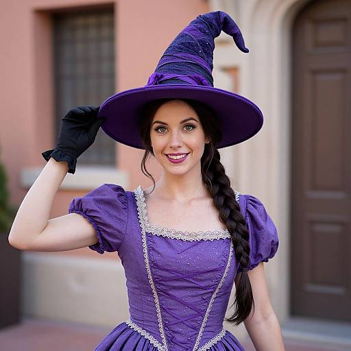 Photograph of a smiling woman in a purple witch costume with black gloves, braided hair, and pointed hat, standing in front of a pink building