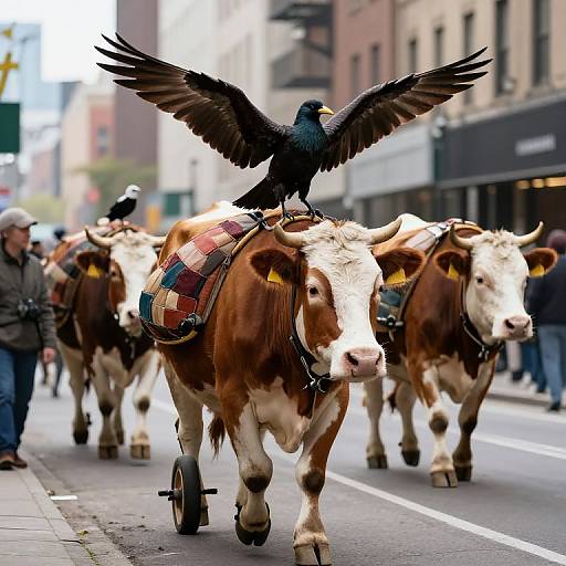 Photograph of a street parade with a black bird with iridescent feathers perched on a brown and white cow wearing a colorful blanket, walking down