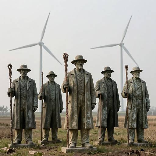 Photograph of five bronze statues of World War I soldiers in long coats and hats, holding sticks, standing in a grassy field with wind turbines in