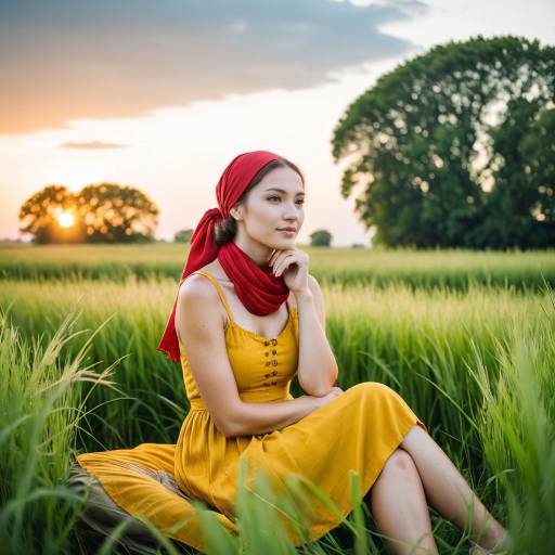 Young Woman in Yellow Dress Sitting in Green Field at Sunset
