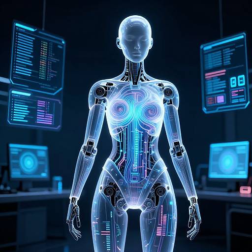 Digital CGI of a glowing, transparent female humanoid robot with neon blue circuits, standing in a dark, high-tech control room with neon-lit monitors.