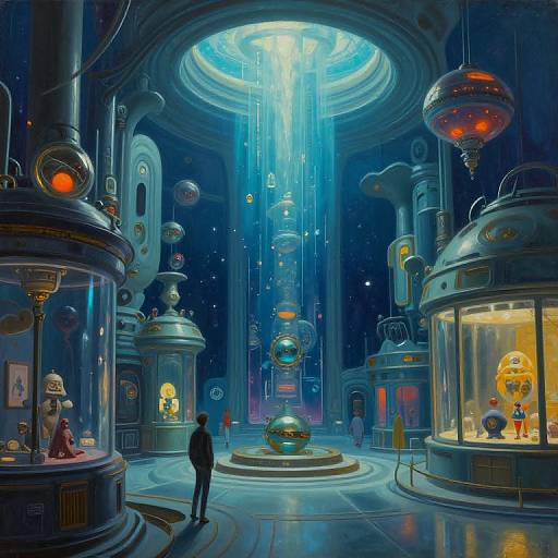 Digital art: Futuristic sci-fi laboratory with glowing blue light beam, cylindrical pods, floating orbs, and a silhouetted figure observing.