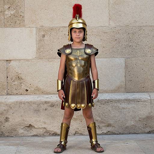 Photograph of a young boy in ancient Roman-style armor, including gold helmet, cuirass, and sandals, standing against a stone wall.