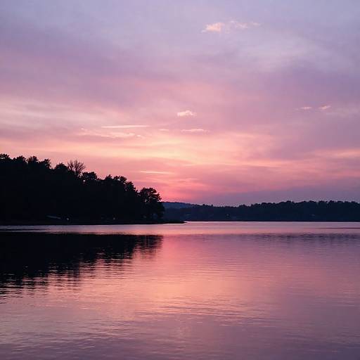 Photograph of a tranquil lake at sunset with a pink and purple sky, reflecting on the calm water, silhouetted trees on the left,