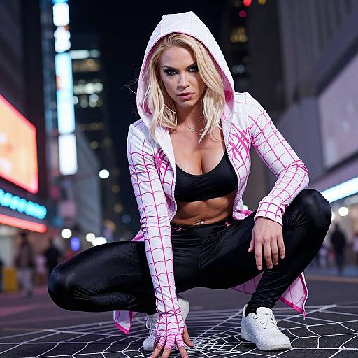 Blonde woman with a white hoodie and black sports bra, squatting in a neon-lit urban street, wearing black pants and white sneakers. Photograph