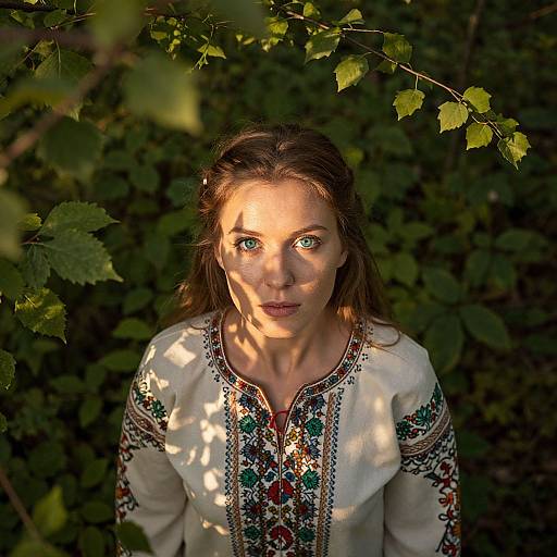 Photograph of a fair-skinned woman with blue eyes, wearing an ornately embroidered white blouse, standing in a sunlit, leafy forest.