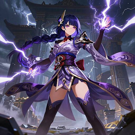 Digital anime artwork of a purple-haired, braided, female warrior in a white and purple kimono, wielding purple lightning bolts in a stormy,