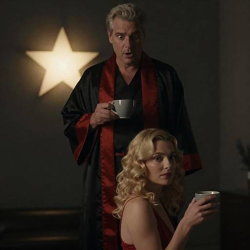 Man and Woman in Dimly Lit Room with Cups