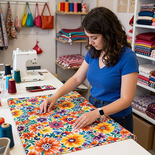 Photograph of a curly-haired woman in a blue shirt sewing vibrant floral fabric on a white sewing machine in a colorful fabric store.