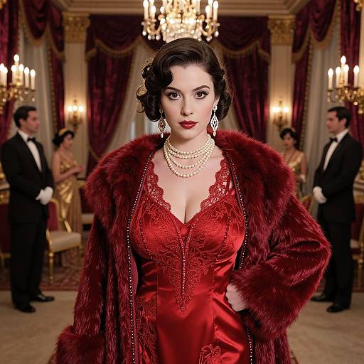 Photograph of a confident woman in a red lace dress and fur coat, adorned with pearls, standing in an opulent, candlelit ballroom with