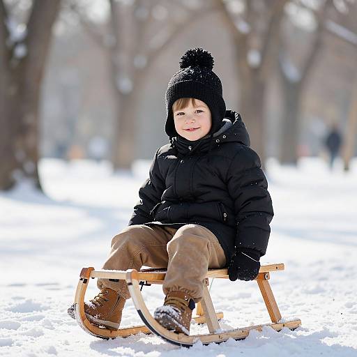 Photograph of a young boy in a black puffer jacket, black hat with pom-pom, brown pants, and boots, sitting on a wooden