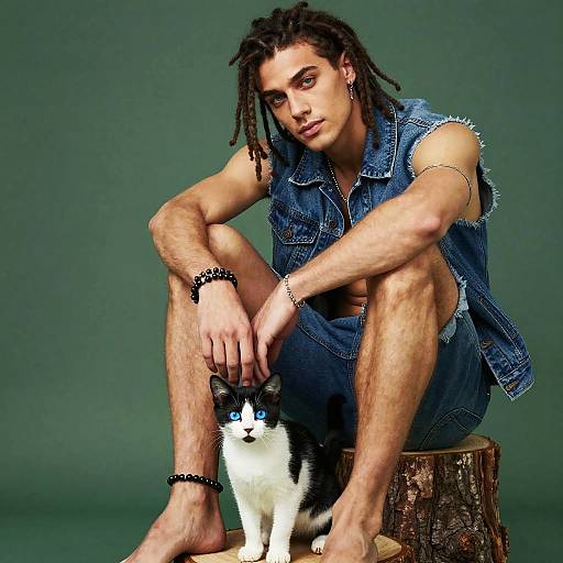 Young Man with Dreadlocks and Black White Kitten