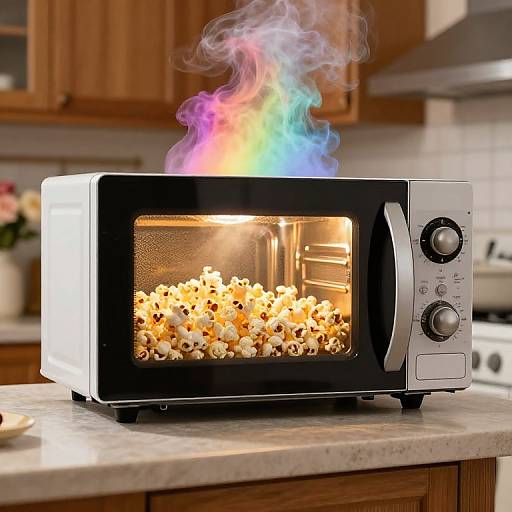 Photograph of a microwave emitting a colorful rainbow smoke with popcorn inside, placed on a kitchen countertop with wooden cabinets.