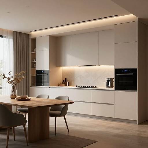 Modern kitchen photograph with sleek, white cabinetry, black built-in ovens, wooden dining table, gray chairs, soft under-cabinet lighting, and