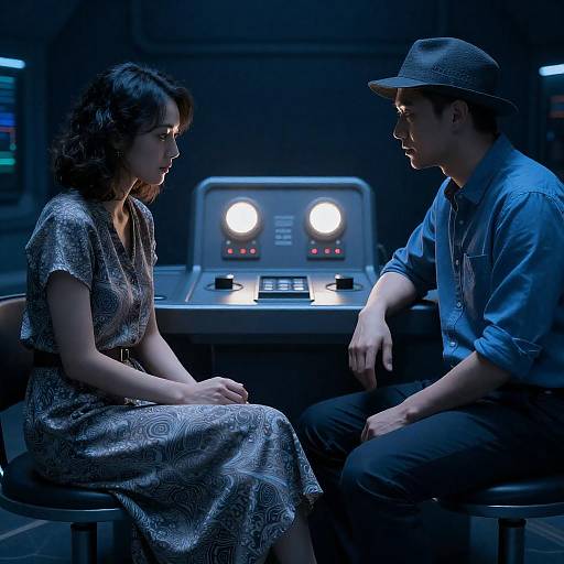 Futuristic Room with Mysterious Characters