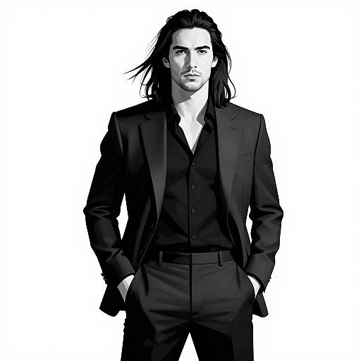 Black-and-white digital illustration of a handsome man with long, dark hair, wearing a black suit, black shirt, and hands in pockets, standing against