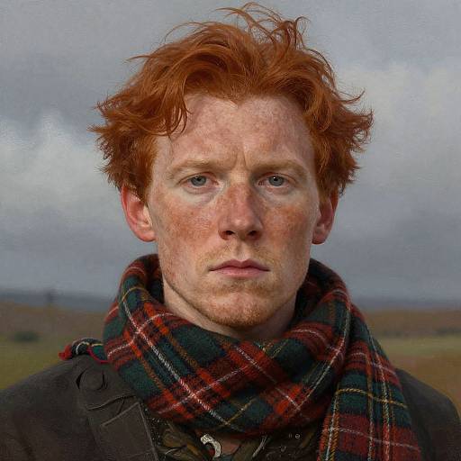 Photograph of a fair-skinned, red-haired man with freckles, wearing a dark coat and red plaid scarf, against a cloudy,