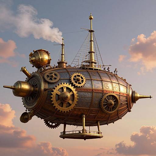 Steampunk airship with large gears, golden propellers, and intricate metalwork floating in a sunset sky, surrounded by fluffy clouds.