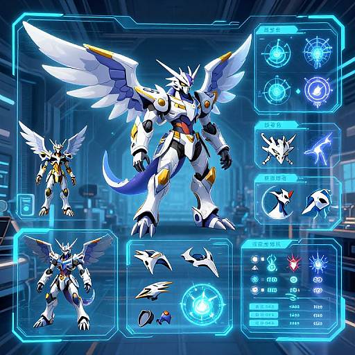 Digital anime-style image of a white and blue robotic mecha with wings, displaying various views and technical data in a futuristic blue-lit lab.