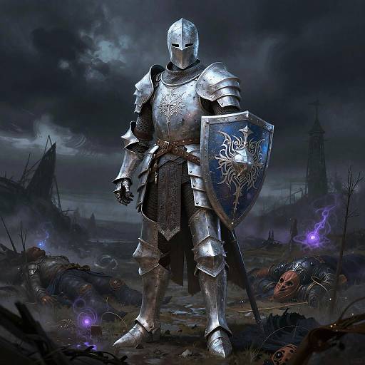 Digital artwork of a silver-armored knight with a helmet, holding a shield with a dragon emblem, standing in a dark, stormy battlefield with scattered