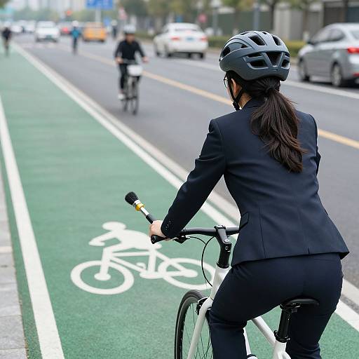 Photograph of a woman in a black suit and helmet, riding a bicycle on a green bike lane, with cars and cyclists in the background on a