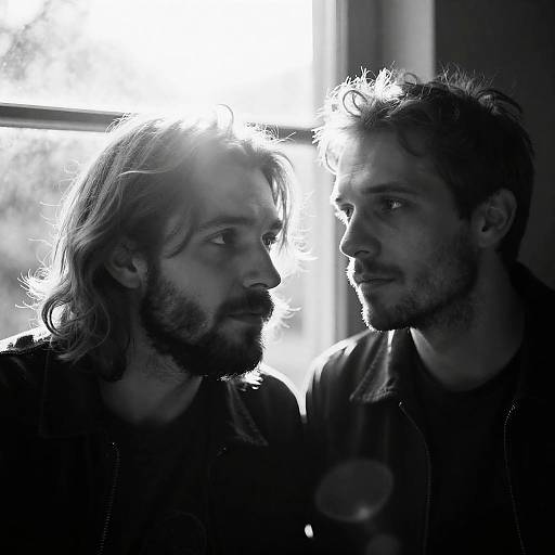Black-and-White Portrait of Two Men Gazing Through Window