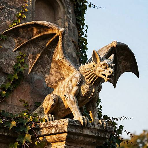Photograph of a detailed stone gargoyle with outstretched wings, sunlight highlighting its textured surface, set against a weathered stone building with iv