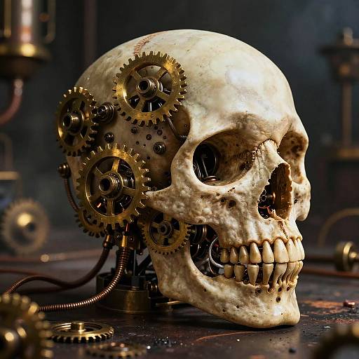 Photograph of a skeletal skull adorned with intricate brass gears, wires, and metal components, set against a dark, industrial background.