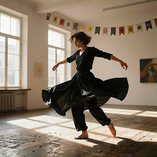 Photograph of a curly-haired woman in a flowing black dress dancing barefoot in a sunlit, white-walled room with large windows and colorful b