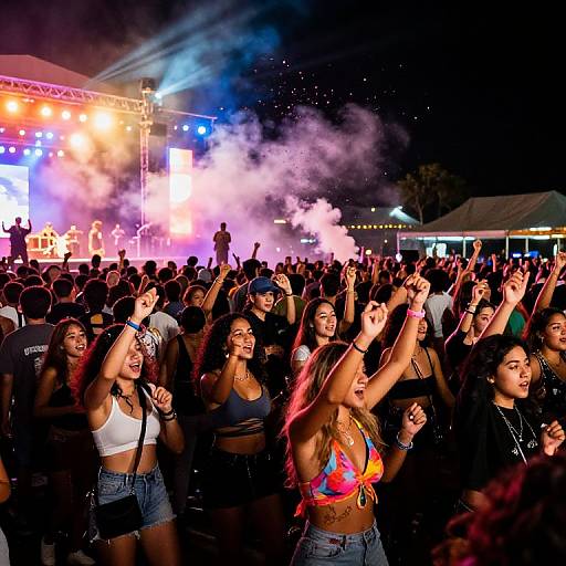 Photograph of a lively nighttime concert crowd, women in crop tops and denim shorts, raising hands, colorful stage lights and smoke in the background.