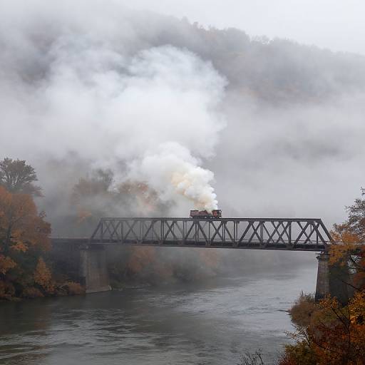 Diesel Engine Over Foggy Autumn Bridge