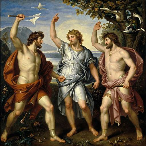 Renaissance painting of three muscular, bearded men with gold jewelry, draped in fabric, raising arms in a dramatic, natural landscape.
