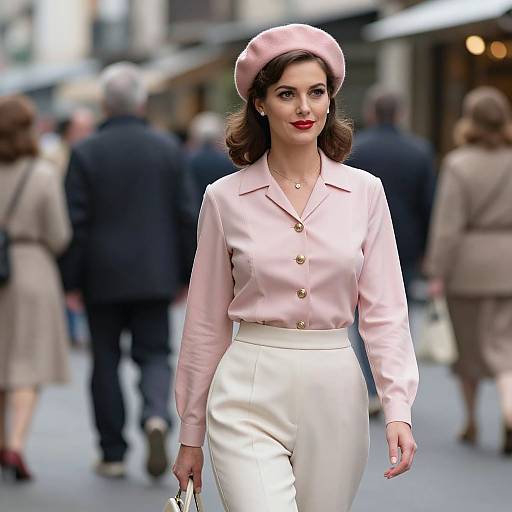 Photograph of a stylish woman with fair skin and red lipstick, wearing a pink beret, pale pink blouse, and white high-waist pants