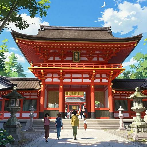 Photograph of a vibrant red Japanese torii gate with traditional architecture, surrounded by lush green trees and visitors in colorful attire, under a bright blue sky