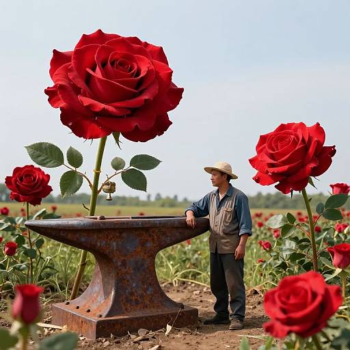 Surreal Farmer Among Giant Red Rose Anvils