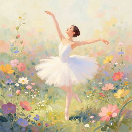 Digital painting of a ballet dancer in a white tutu, gracefully posing in a vibrant, sunlit meadow filled with colorful flowers.