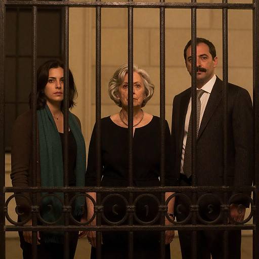 Three People Behind Wrought Iron Gate