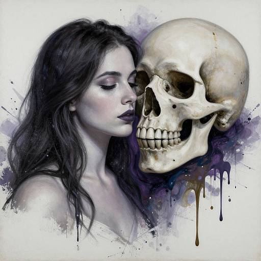 Digital art of pale-skinned woman with dark hair, closed eyes, and dark lipstick, leaning against a large, dripping skull against a splattered purple