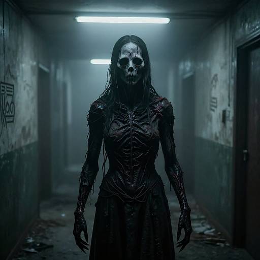 Digital art of a skeletal-faced, wet, dark-skinned woman in a tattered dress standing in a dimly lit, grungy, blue