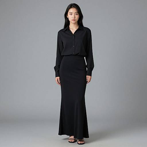 Photograph of an East Asian woman with long black hair, wearing a black long-sleeve button-up shirt and black floor-length skirt, standing against